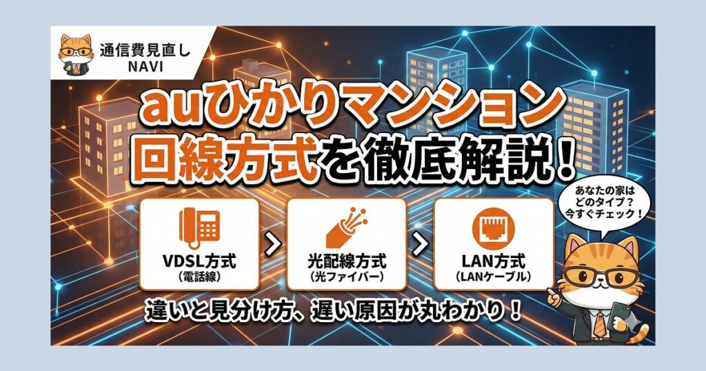 auひかりマンションの回線方式（VDSL方式・光配線方式・LAN方式）の違いと見分け方、速度差や遅くなる原因を解説した図解。