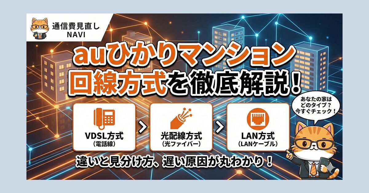auひかりマンションの回線方式（VDSL方式・光配線方式・LAN方式）の違いと見分け方、速度差や遅くなる原因を解説した図解。