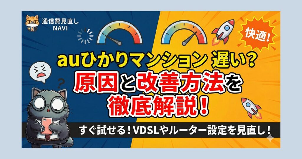 auひかりマンションが遅い原因と改善方法を、速度メーターと図解で分かりやすく解説したアイキャッチ画像。