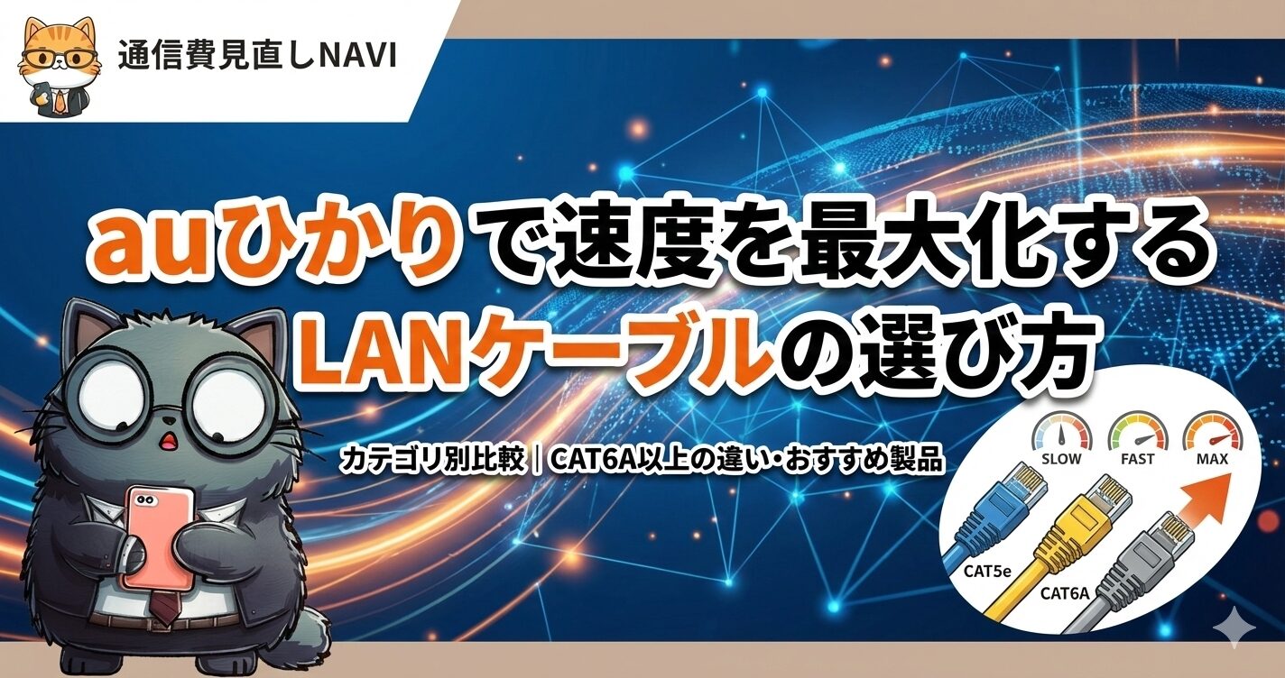auひかりで速度を最大化するLANケーブルの選び方を解説する記事アイキャッチ画像。CAT5e・CAT6・CAT6Aなどのカテゴリ別性能比較や、高速通信を引き出すための『CAT6A以上』の重要性、おすすめ製品を紹介する内容を示したイラスト