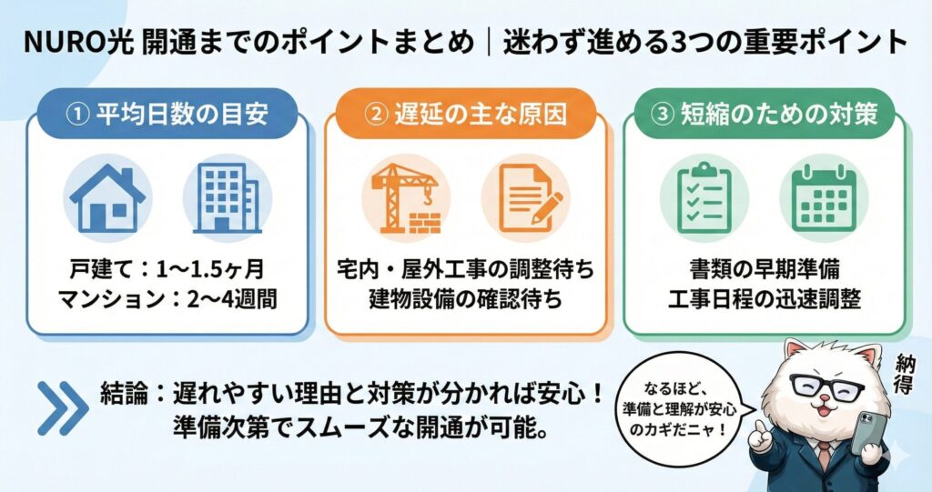 NURO光の開通までの流れとポイントを整理したまとめ図解。①平均日数(戸建て1〜1.5ヶ月、マンション2〜4週間)、②遅延の原因(工事調整や設備確認)、③期間短縮の対策(書類の早期準備や日程調整)の3点を解説。遅れやすい理由を知り対策することで、迷わずスムーズに開通できるという結論