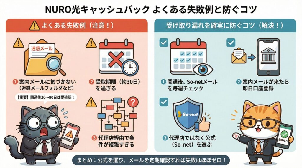 NURO光キャッシュバックの受け取り失敗例と対策｜案内メールの見逃しや期限切れを防ぐコツ