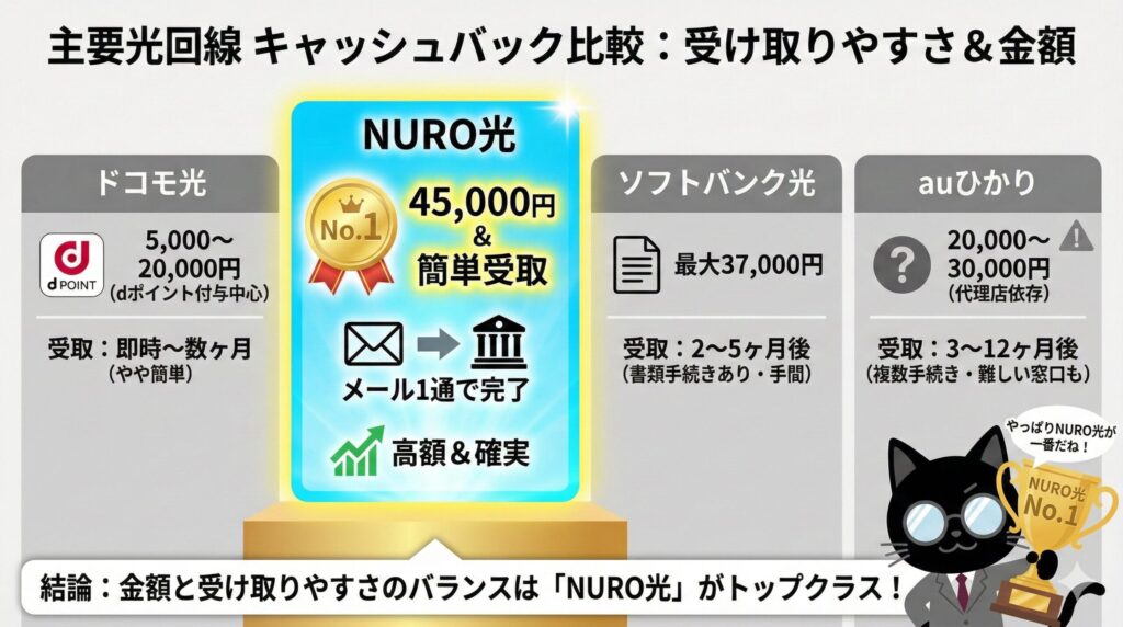 NURO光と他社（ドコモ・ソフトバンク・au）のキャッシュバック比較図解｜金額・受取手続きの難易度でNURO光が最もおすすめ