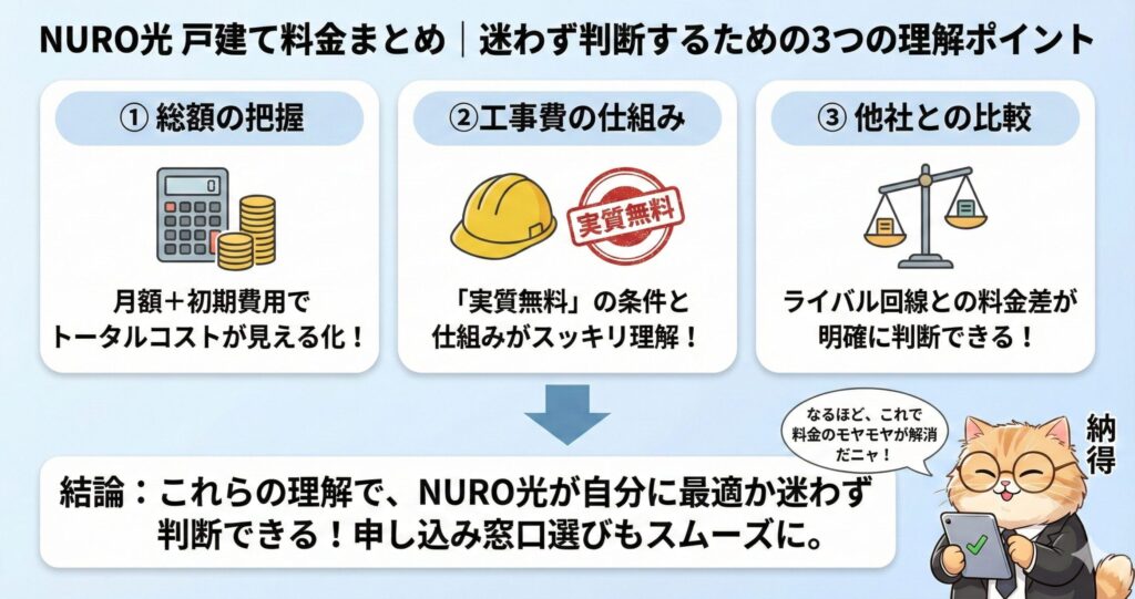 NURO光戸建てプランの料金体系を理解して迷わず判断するための3つのポイントまとめ図解。①月額と初期費用を合わせた総額の把握、②工事費実質無料の仕組み理解、③ライバル他社との料金比較、の3点を押さえることで、自分に最適な回線かどうかを判断し、申し込み窓口選びもスムーズになるという結論
