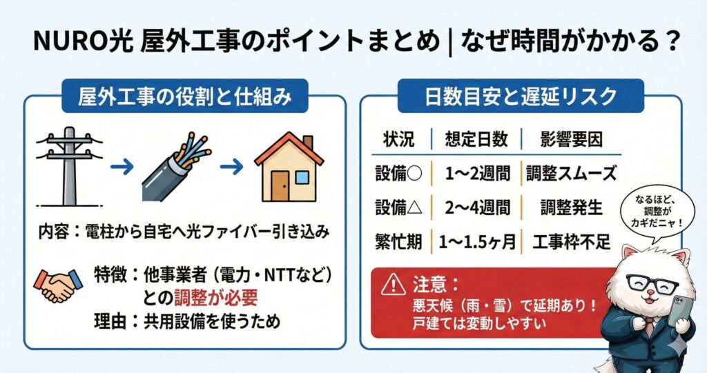NURO光の屋外工事(2回目)の内容と時間がかかる理由の解説図解。電柱から光ケーブルを引き込む際に電力会社やNTTなどの他事業者との調整が必要なため日数がかかる仕組み。設備状況が良い場合は1〜2週間だが、繁忙期や調整が必要な場合は1〜1.5ヶ月かかる目安と、悪天候による延期リスクについてのまとめ