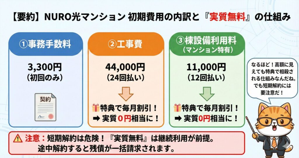 NURO光マンションの初期費用の内訳と実質無料の仕組み解説図。事務手数料3,300円に加え、工事費44,000円（24回分割）と棟設備利用料11,000円（12回分割）が発生するが、後者2つは特典割引で実質0円になる。ただし短期解約時は残債が一括請求されるリスクがある点も明記