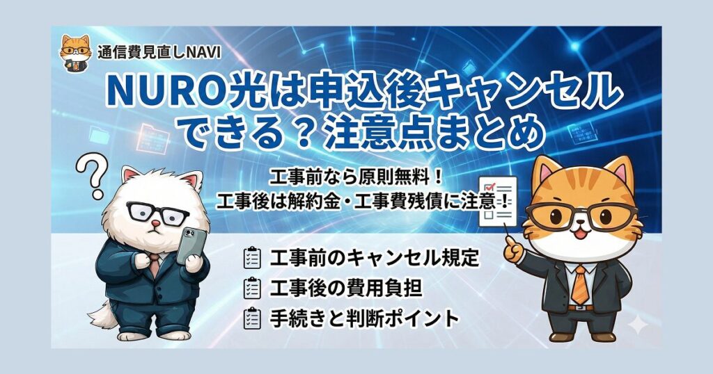 通信費見直しナビによるNURO光の申込後キャンセルに関する注意点まとめのメインビジュアル。工事前なら原則無料、工事後は解約金・工事費残債に注意することを説明している。猫のキャラクターが手順と判断ポイントを案内している図。