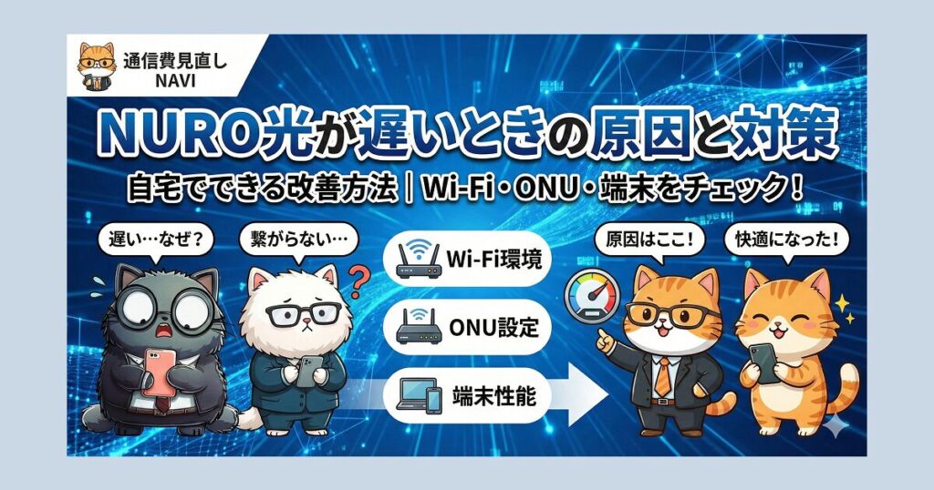 NURO光が遅いときの原因と対策｜自宅でできる改善方法（Wi-Fi・ONU・端末設定）を解説した記事のアイキャッチ画像