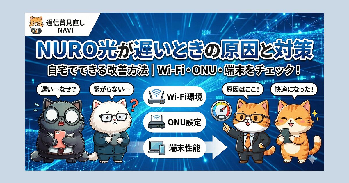NURO光が遅いときの原因と対策|自宅でできる改善方法(Wi-Fi・ONU・端末設定)を解説した記事のアイキャッチ画像