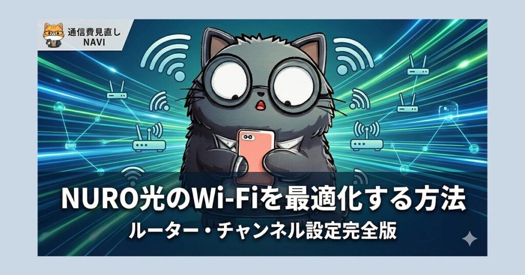 NURO光のWi-Fi最適化をテーマに、黒猫キャラがスマホを見つめつつルーター・電波アイコンが広がる導入ビジュアル。