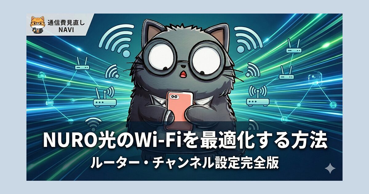NURO光のWi-Fi最適化をテーマに、黒猫キャラがスマホを見つめつつルーター・電波アイコンが広がる導入ビジュアル。