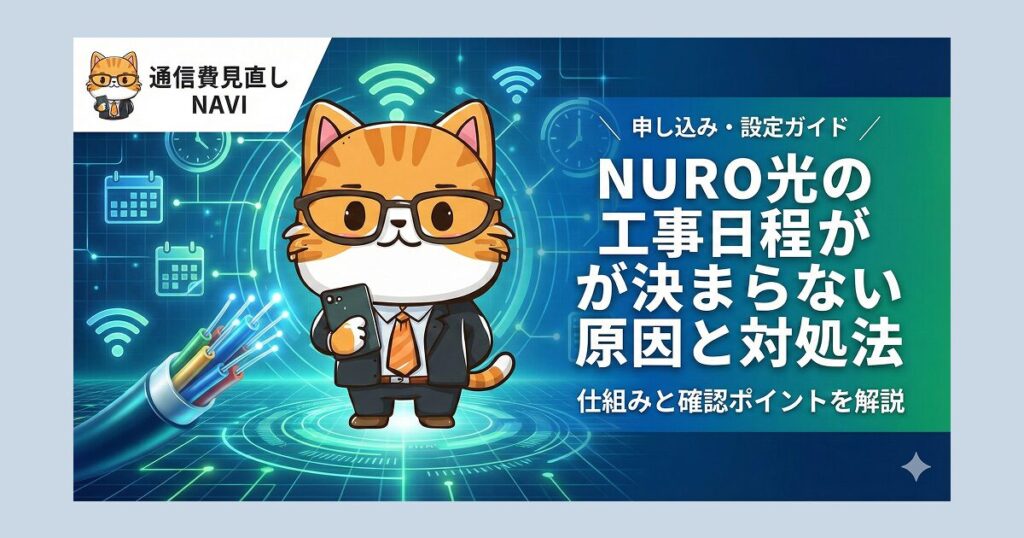 NURO光の工事日程が決まらない原因と対処法を案内する記事のタイトル画像。スーツ姿の猫キャラクターがスマホを持ち、背景にカレンダーやWi-Fiアイコンが浮かぶデザインで、申し込み手続きや工事遅延の仕組みを解説するガイドであることを示している。