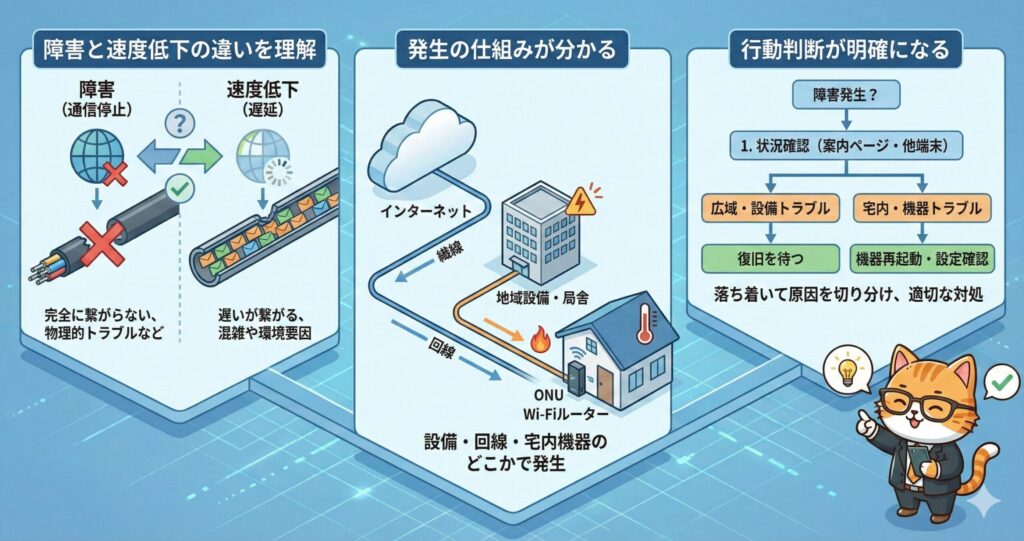 障害（通信停止）と速度低下（遅延）の違い、発生箇所となる設備・回線・宅内機器の仕組み、そして原因別に適切な対処を判断する流れをまとめた図解。