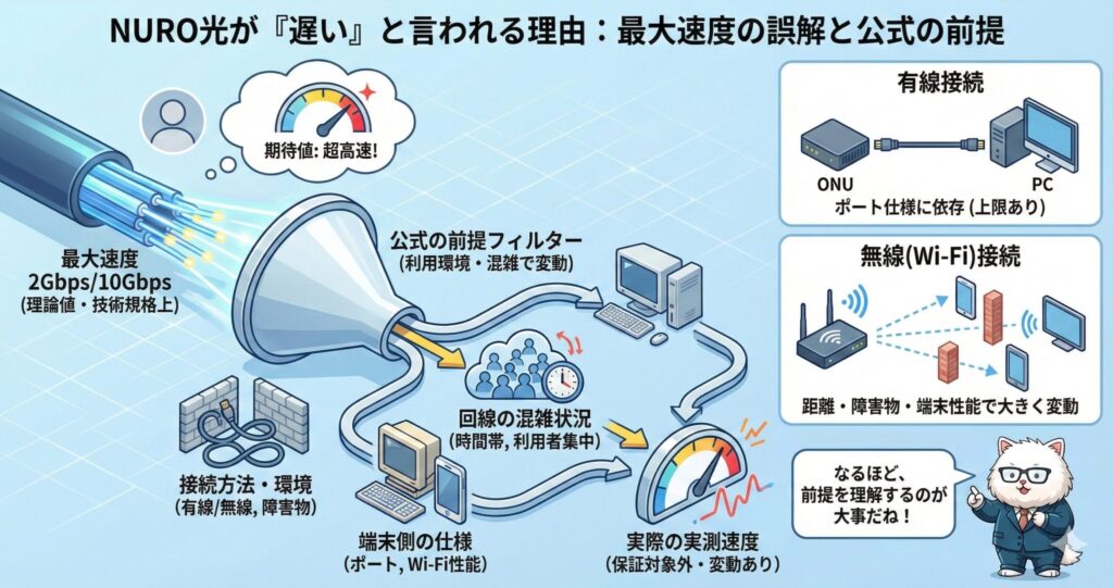 NURO光が遅いと言われる理由を、最大速度2Gbps・10Gbpsの理論値と実測速度の違い、有線・無線接続や回線混雑、利用環境の前提条件から解説した図解イラスト。
