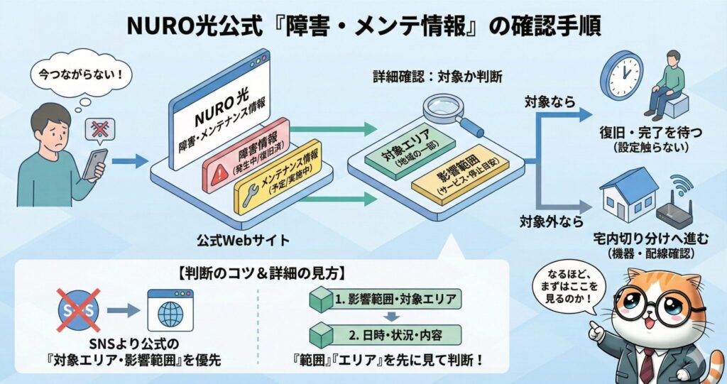 NURO光で通信障害が起きた際に、公式Webサイトで障害情報・メンテナンス情報を確認し、対象エリアかどうかを判断して復旧待ちか宅内切り分けに進む手順を解説した図解。
