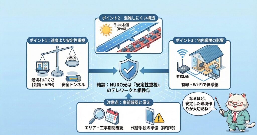 NURO光をテレワークで使う際の判断ポイントをまとめた図解。速度より安定性を重視し、IPv6による混雑しにくい構造や、宅内の有線・Wi-Fi環境が体感に影響することを示している。事前に提供エリアや工事期間を確認し、障害時の代替手段を備えることが重要であることを解説している。
