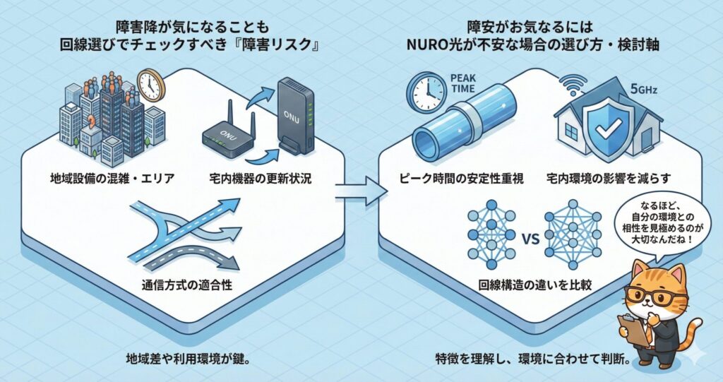 回線選びで確認すべき障害リスクとして、地域混雑・通信方式・宅内機器の更新状況を示し、NURO光が不安な場合の検討軸としてピーク時間の安定性や宅内環境の影響軽減を比較した図解。