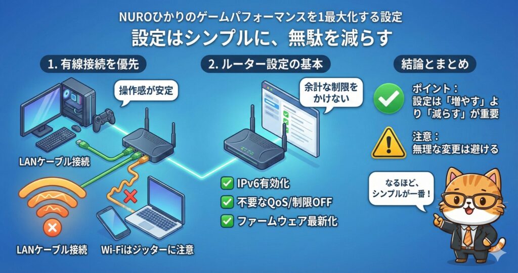 NURO光でゲーム性能を最大化するために、有線接続の優先やIPv6有効化、不要な設定を減らす基本設定を解説した図解
