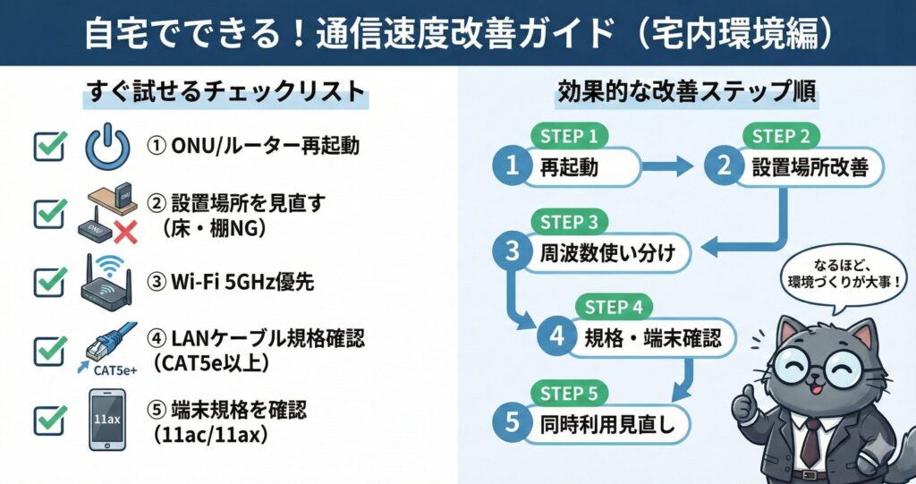 自宅でできる通信速度改善として、再起動・設置場所改善・5GHz優先・LANケーブル規格確認・端末性能確認などのチェックリストと、効果的な改善ステップを示した図解。