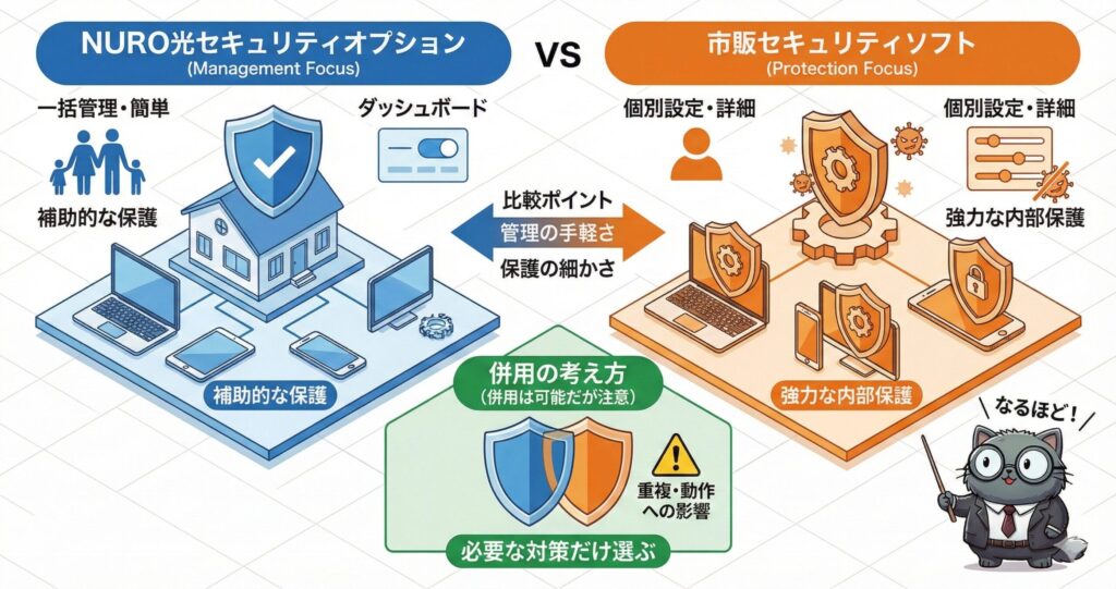 NURO光のセキュリティオプション（一括管理・簡単・補助的保護）と市販セキュリティソフト（個別設定・詳細・強力な内部保護）を管理の手軽さと保護の細かさで比較し、併用時の注意点も示した図。
