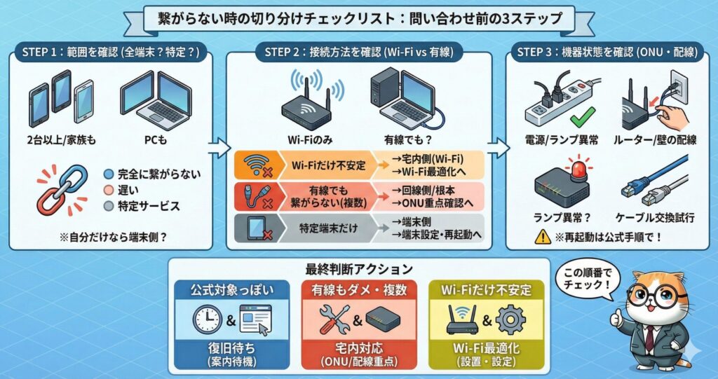 繋がらない時の切り分けチェックリストとして、①影響範囲（全端末か特定か）②接続方法（Wi-Fiか有線か）③機器状態（ONU・配線・ランプ）を順に確認し、公式障害か宅内対応かを判断する3ステップ図解。
