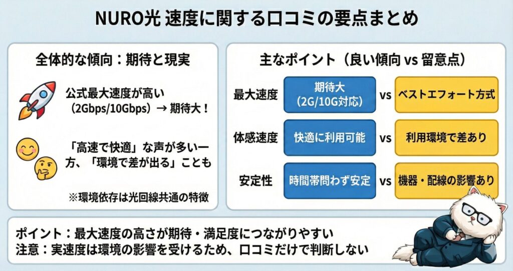 NURO光の速度に関する口コミの要点まとめ。最大速度は高いが、実効速度は利用環境に左右されやすいことがポイント。猫のイラストが考察している図。