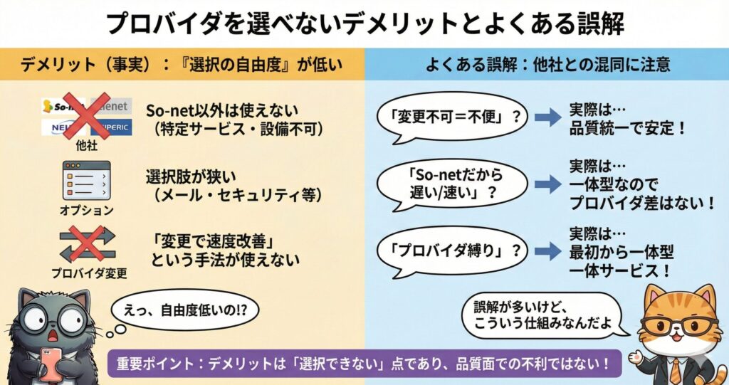 NURO光でプロバイダを選べないデメリット(自由度の低さ)と、品質面に関するよくある誤解を比較解説した図