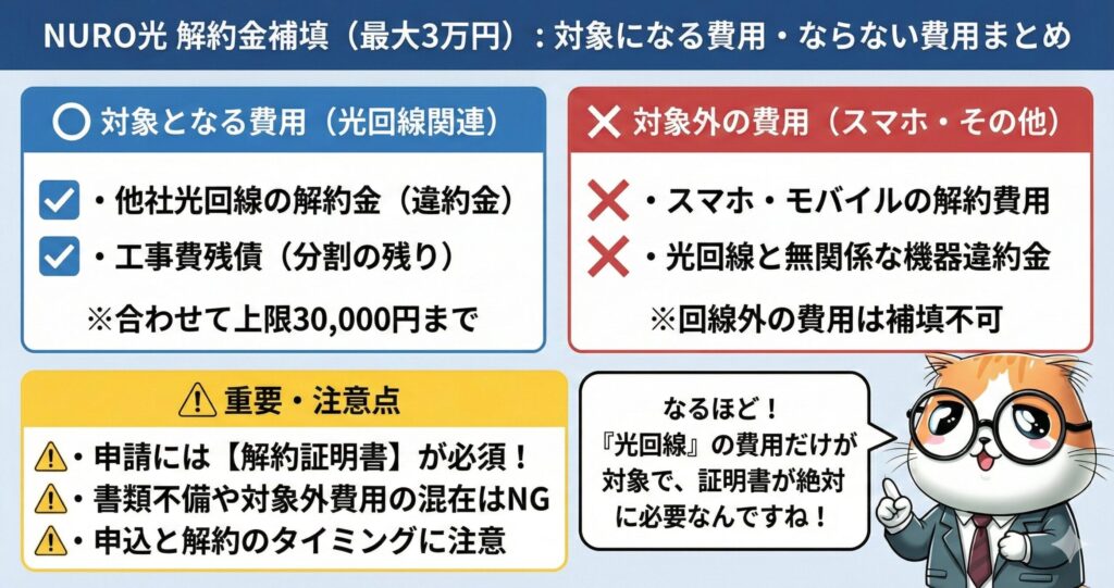 NURO光乗り換えのまとめ図解。強みは速度と料金・特典のバランスや工事費実質無料。注意点は違約金補填の条件や工事回数。結論として「速度・補填・工事期間の何を最優先するか」で判断すべきと解説。