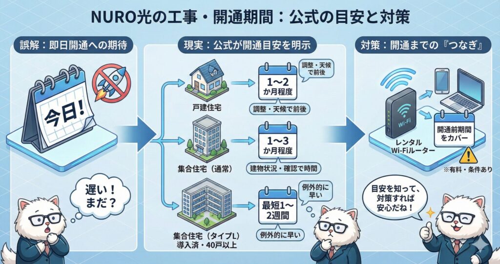 NURO光の工事と開通期間の目安を、戸建て・マンション別に公式情報と対策付きで解説した図解イラスト。

