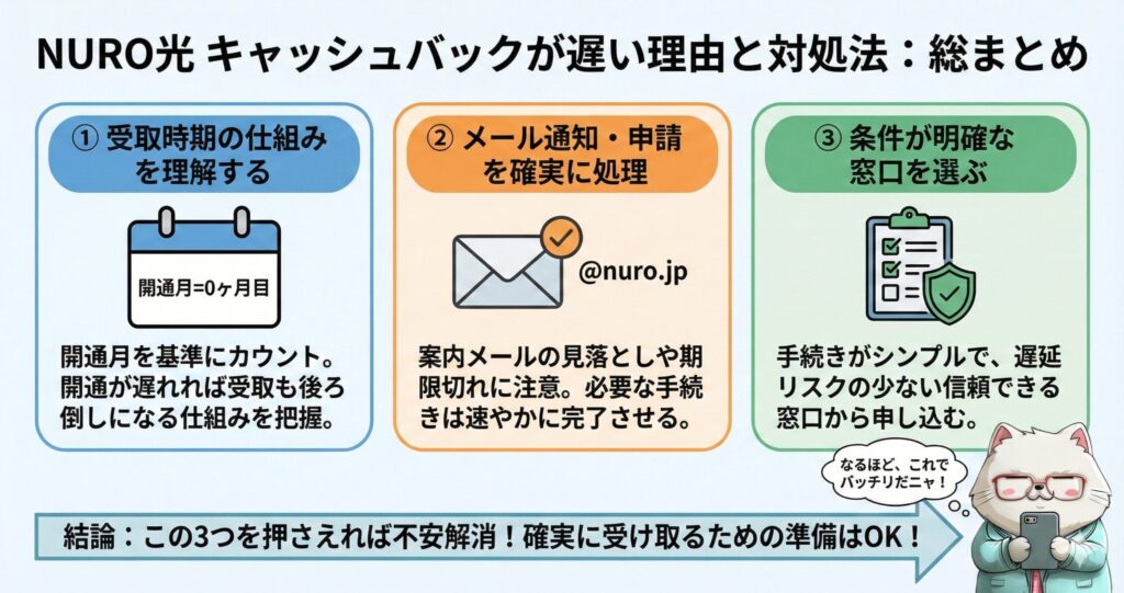 NURO光のキャッシュバックが遅いと感じる理由と対処法の総まとめ図解。①開通月を起点とする受取時期の仕組み理解、②案内メール（@nuro.jp）の見落とし防止と確実な申請処理、③条件が明確で信頼できる窓口選び、の3点を押さえることで、不安を解消し確実に受け取るための準備ができるという結論まとめ