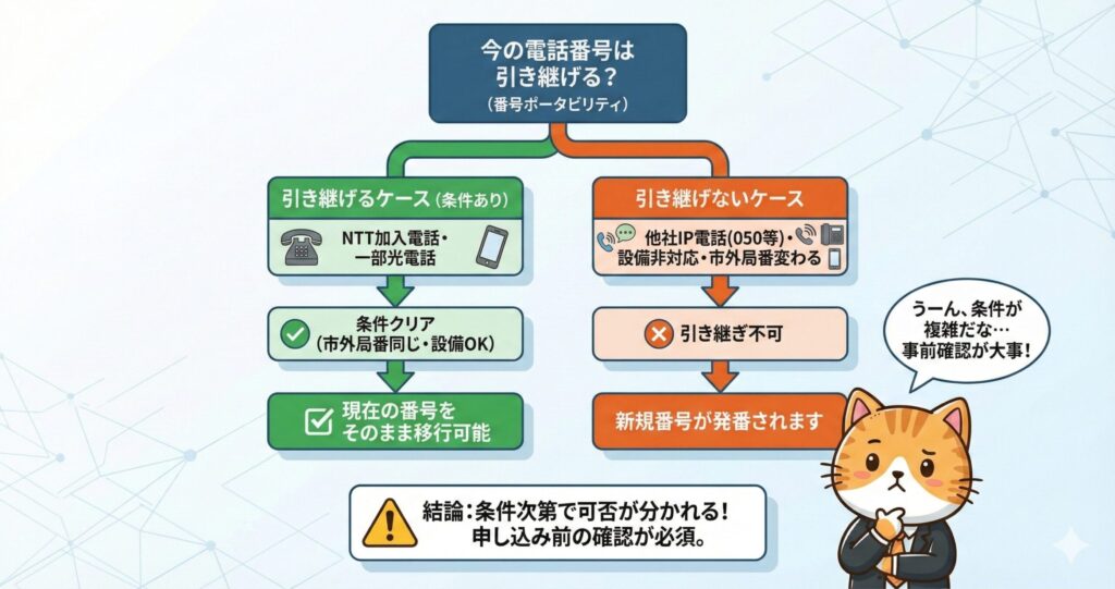 NURO光で電話番号を引き継げるかどうかを、引き継げるケースと引き継げないケースに分けて示した番号ポータビリティの判断フロー図。
