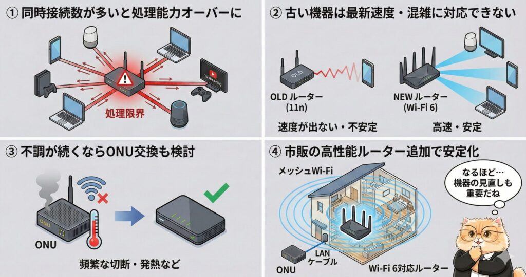 同時接続が多いとルーター処理が限界になり速度低下する様子、古い11nルーターでは混雑に弱く不安定になる対比、ONUの発熱や不調による切断トラブル、そしてWi-Fi6対応ルーターやメッシュWi-Fiを追加して通信を安定させる改善例を示した図解。