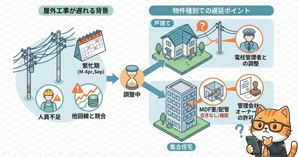**屋外工事が遅れる背景として、繁忙期・人員不足・他回線との競合が示され、戸建てでは電柱管理者との調整、集合住宅ではMDF室や配管の空き確認、管理会社やオーナー許可が遅延要因になることを説明した図。**
