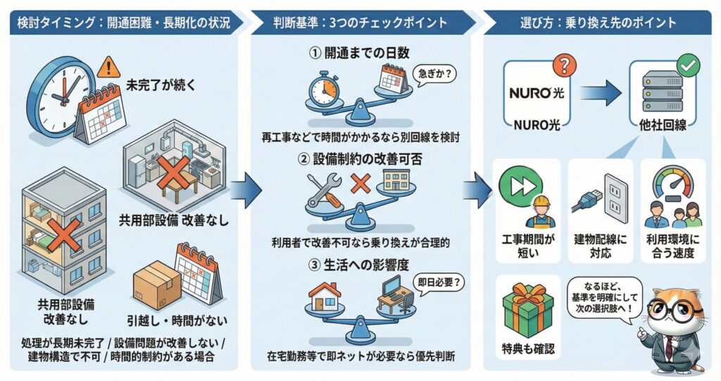 NURO光の開通が長期化する状況(未完了が続く・共用部設備の改善なし・引越しや時間制約)と、乗り換え判断の3基準(開通までの日数・設備制約の改善可否・生活への影響度)、さらに工事期間や建物配線・速度・特典を比較して他社回線へ乗り換えを検討する流れを示す図