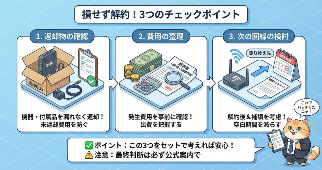 NURO光を損せず解約するために、返却物の確認、費用整理、次の回線検討の3つのチェックポイントを解説した図解
