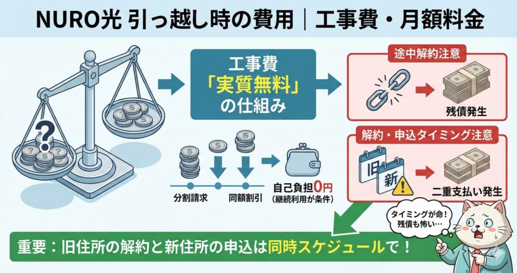 NURO光の引っ越し時に発生する工事費や月額料金の仕組みと、実質無料の条件や途中解約時の残債リスクをまとめた図解
