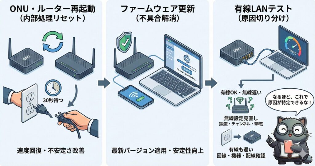 ONU・ルーターの再起動、ファームウェア更新、有線LANテストによって通信不具合の原因を切り分ける手順を示した図。