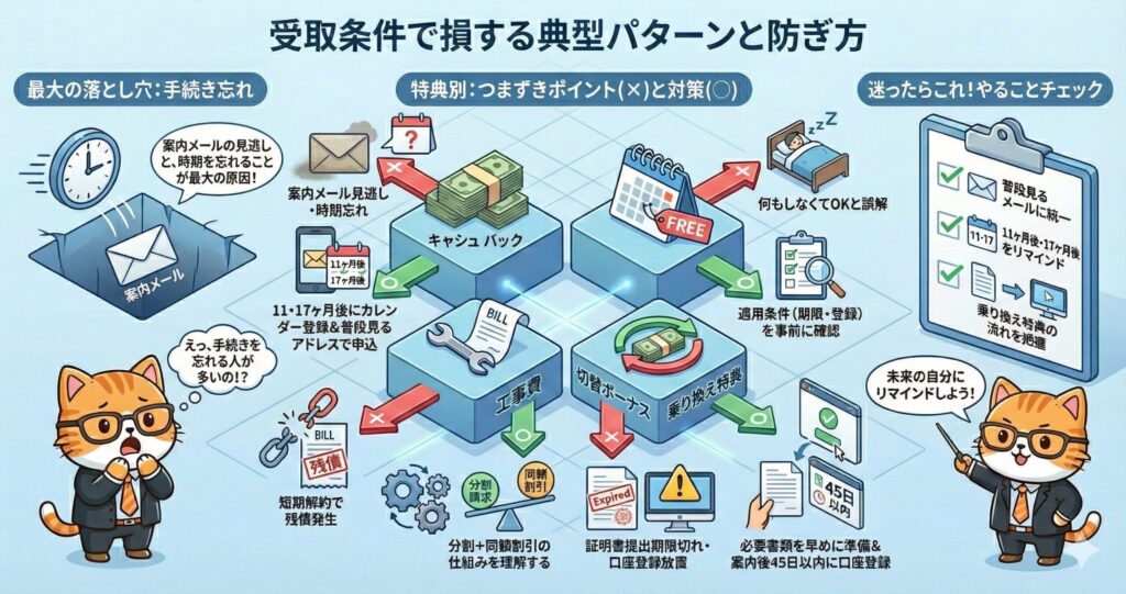 キャッシュバックや工事費無料などの特典で損しやすい典型例（手続き忘れ・期限切れ）と、防ぐためのチェック手順をまとめた図解。
