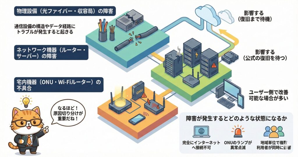 光ファイバー断線・サーバー障害・ONUやWi-Fiルーター不具合など通信障害の主な原因と、ユーザー側で改善できるケースや影響範囲を示した図解。