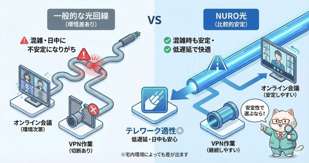 一般的な光回線とNURO光を、テレワーク視点で比較した図解。
左は混雑時間帯に影響を受けやすく、オンライン会議が不安定になったり、VPN作業で切断が起きやすい様子を示している。
右はNURO光の構造的な混雑回避により、日中でも比較的安定し、低遅延でオンライン会議やVPN作業を継続しやすい点を強調。
安定性重視で回線を選ぶならNURO光が有力、ただし宅内環境によって体感差が出ることにも注意が必要、という位置づけ。
