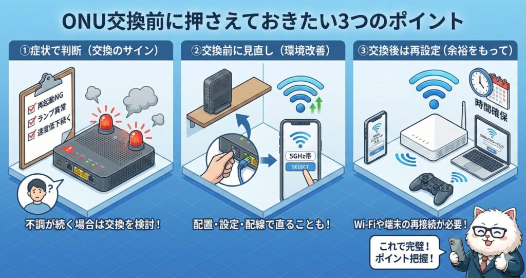 ONU交換前に確認すべき症状、環境改善ポイント、交換後の再設定手順を3ステップで示した説明図。