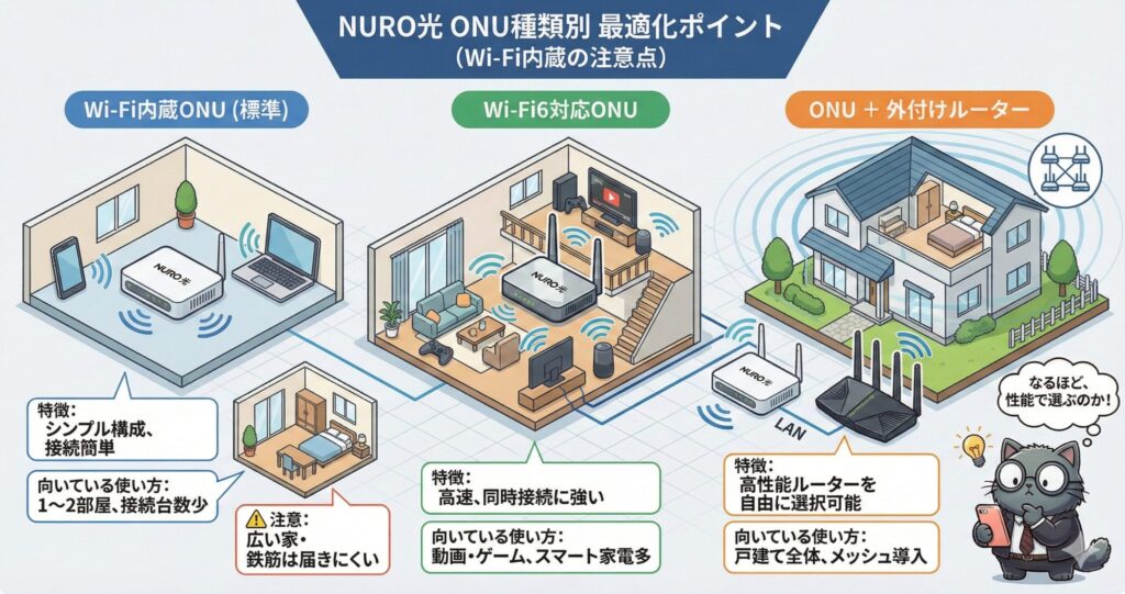 NURO光のONU種類(Wi-Fi内蔵・Wi-Fi6対応・外付けルーター併用)の違いと、家の広さ・接続台数・用途に合わせた最適な選び方を図解した比較イメージ。