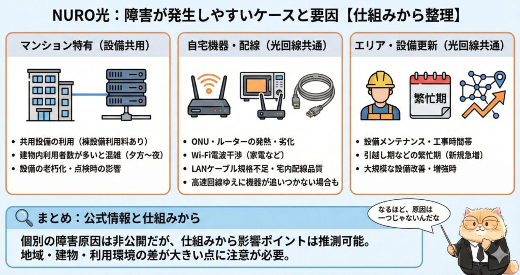 NURO光の障害が発生しやすいケースと要因を、『マンション特有の設備』『自宅機器・配線』『エリア・工事時期』の3つの視点から整理した図