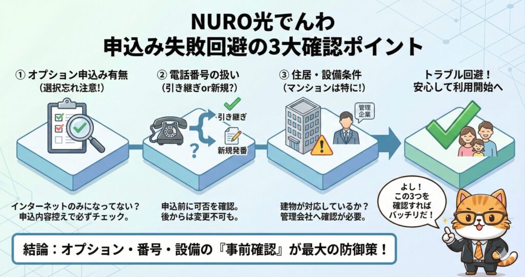 NURO光でんわの申し込み失敗を防ぐために、オプション申込の有無、電話番号の引き継ぎ可否、住居や設備条件の3つの確認ポイントを解説した図解。
