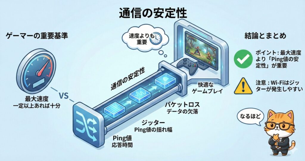 Ping値やジッター、パケットロスなど通信の安定性がゲーム体験に与える影響を解説した図解イラスト
