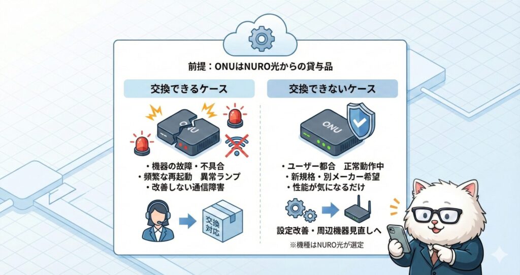 ONUの故障や不具合時に交換できるケースと、正常動作品など交換できないケースを比較して示した説明図。
