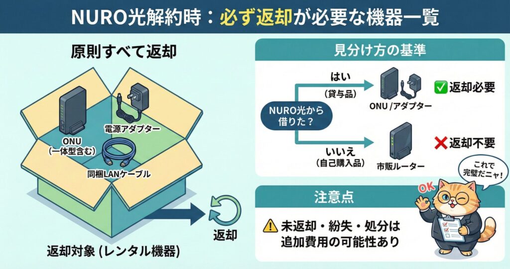 NURO光解約時に必ず返却が必要なONUや電源アダプターなどの機器一覧と、返却不要な市販ルーターの見分け方を解説した図解
