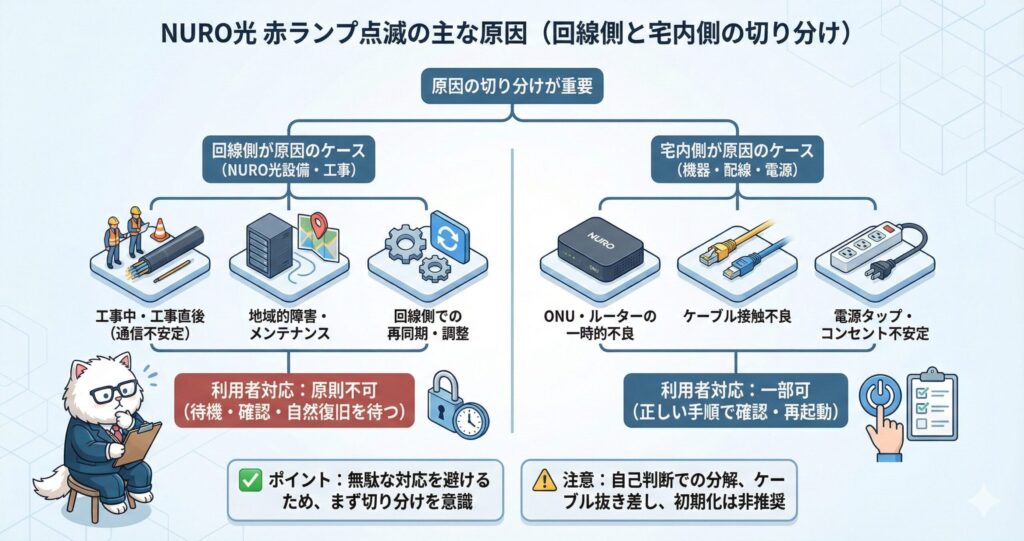 NURO光の赤ランプ点滅原因を回線側と宅内側に分け、工事・障害・機器不良や配線不良などの切り分け方を示した図解
