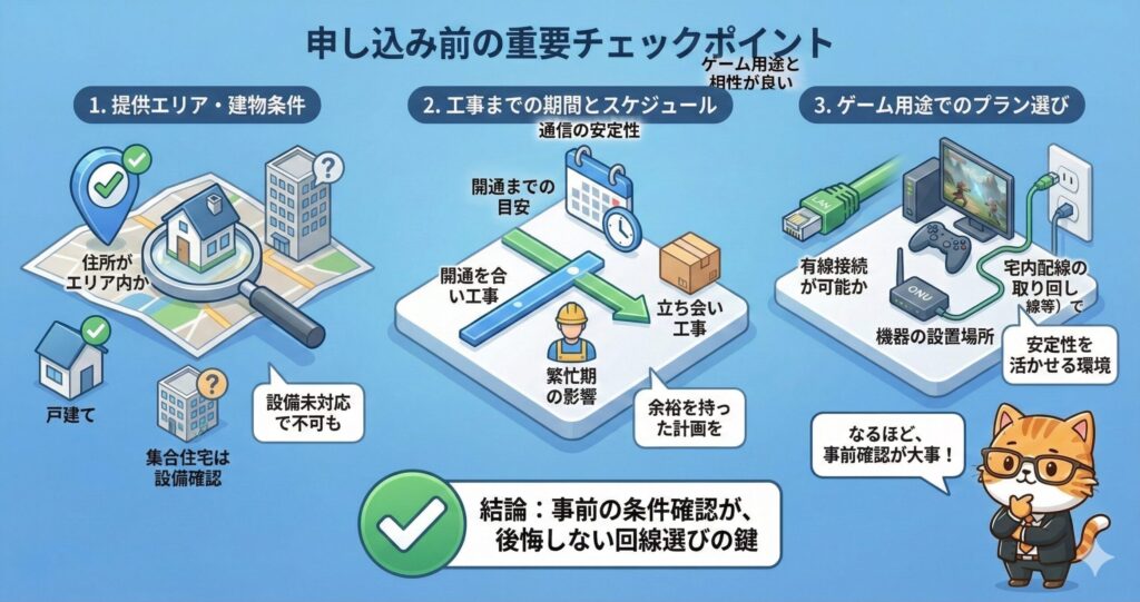 NURO光を申し込む前に、提供エリアや建物条件、工事までの期間、ゲーム向けの配線環境を確認する重要点を整理した図解
