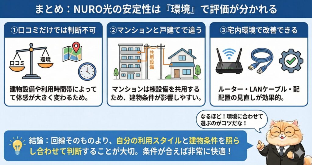 NURO光とその他の光回線を、最大速度・マンション設備・契約形態・提供エリアの4点で比較した仕様一覧表。構造や仕様の違いが口コミの地域差・環境差につながることを解説し、安定性を判断するためのチェックポイントを示している